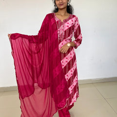 Bandhej- Lehriya muslin silk straight kurta set