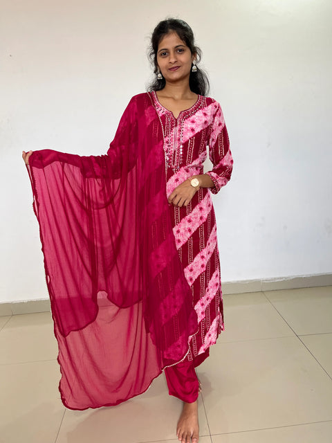 Bandhej- Lehriya muslin silk straight kurta set