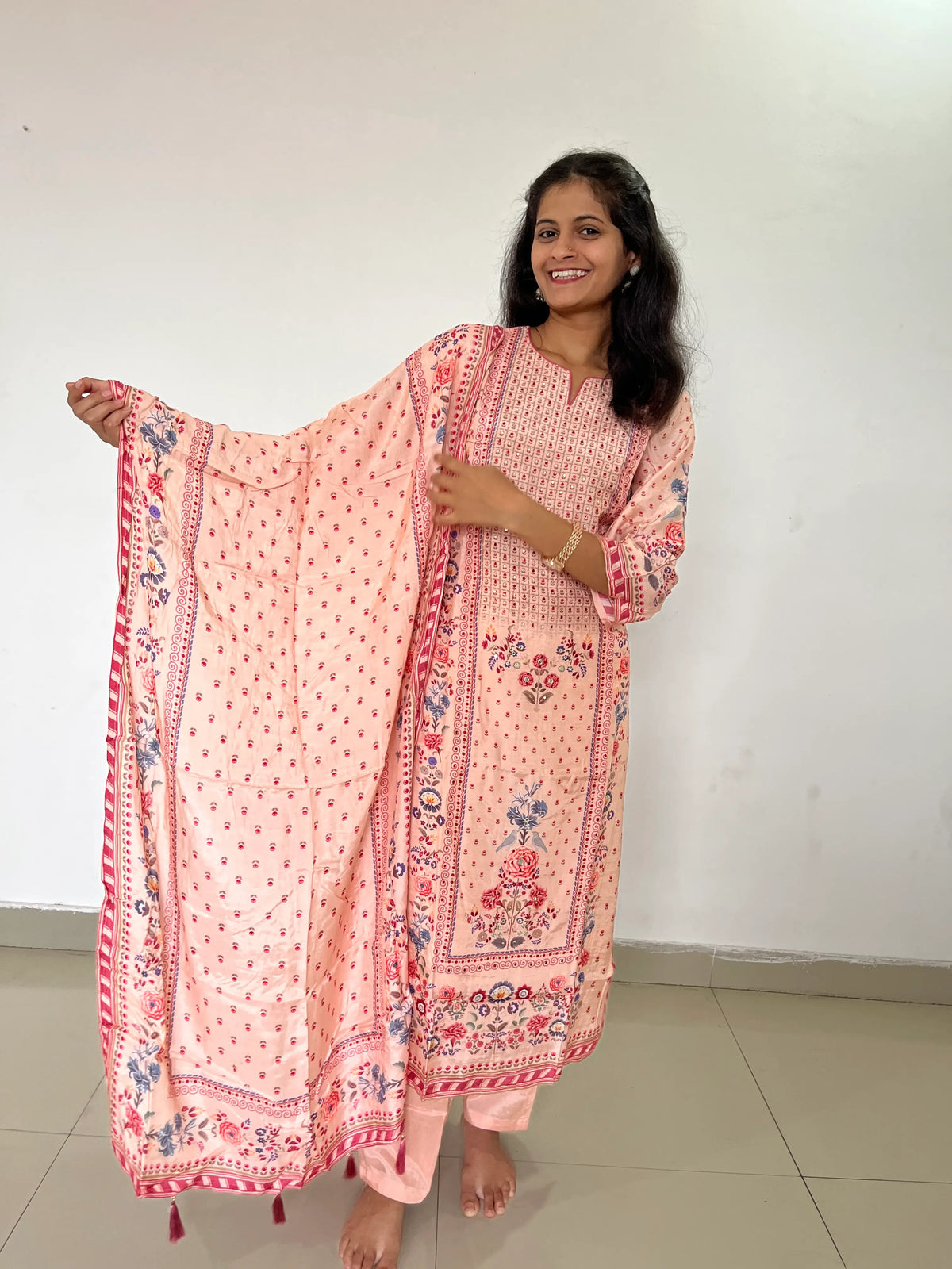 peach color silk digital print kurta set