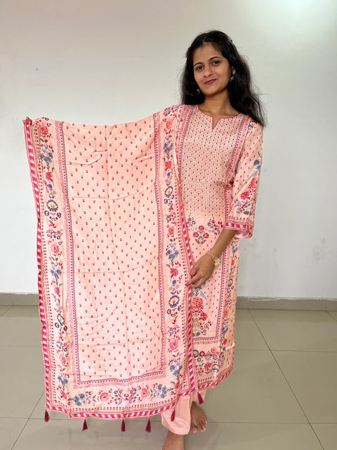 peach color silk digital print kurta set