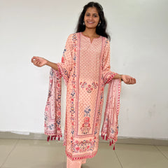 peach color silk digital print kurta set