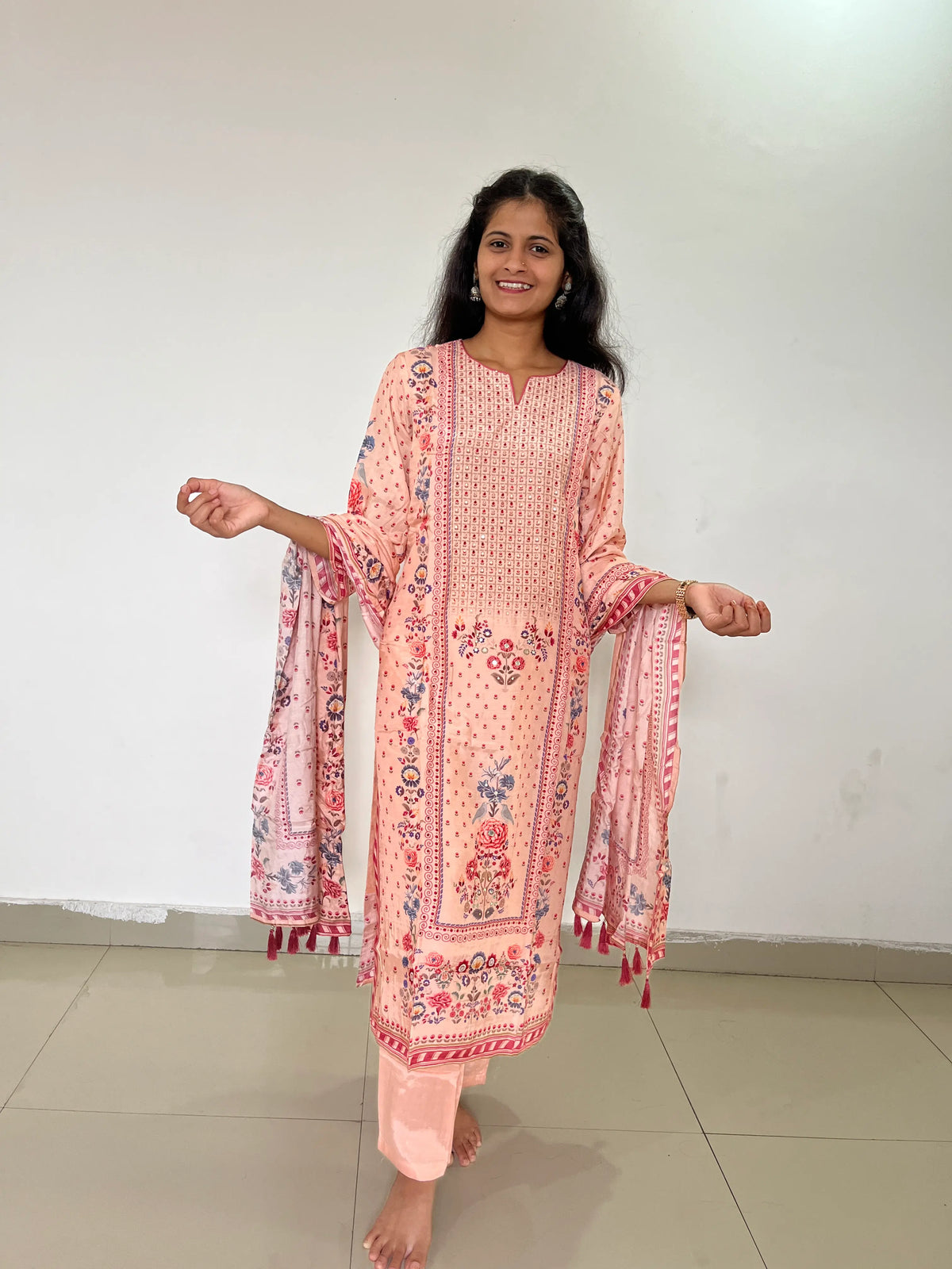 peach color silk digital print kurta set