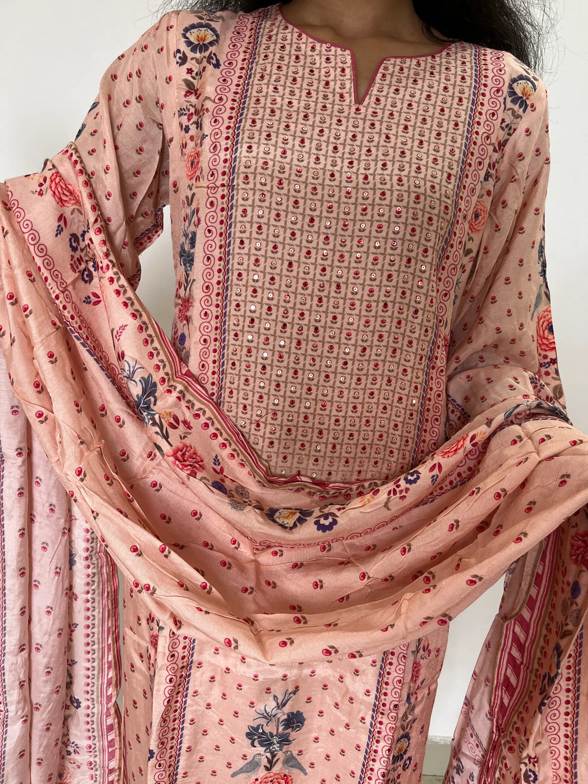 peach color silk digital print kurta set