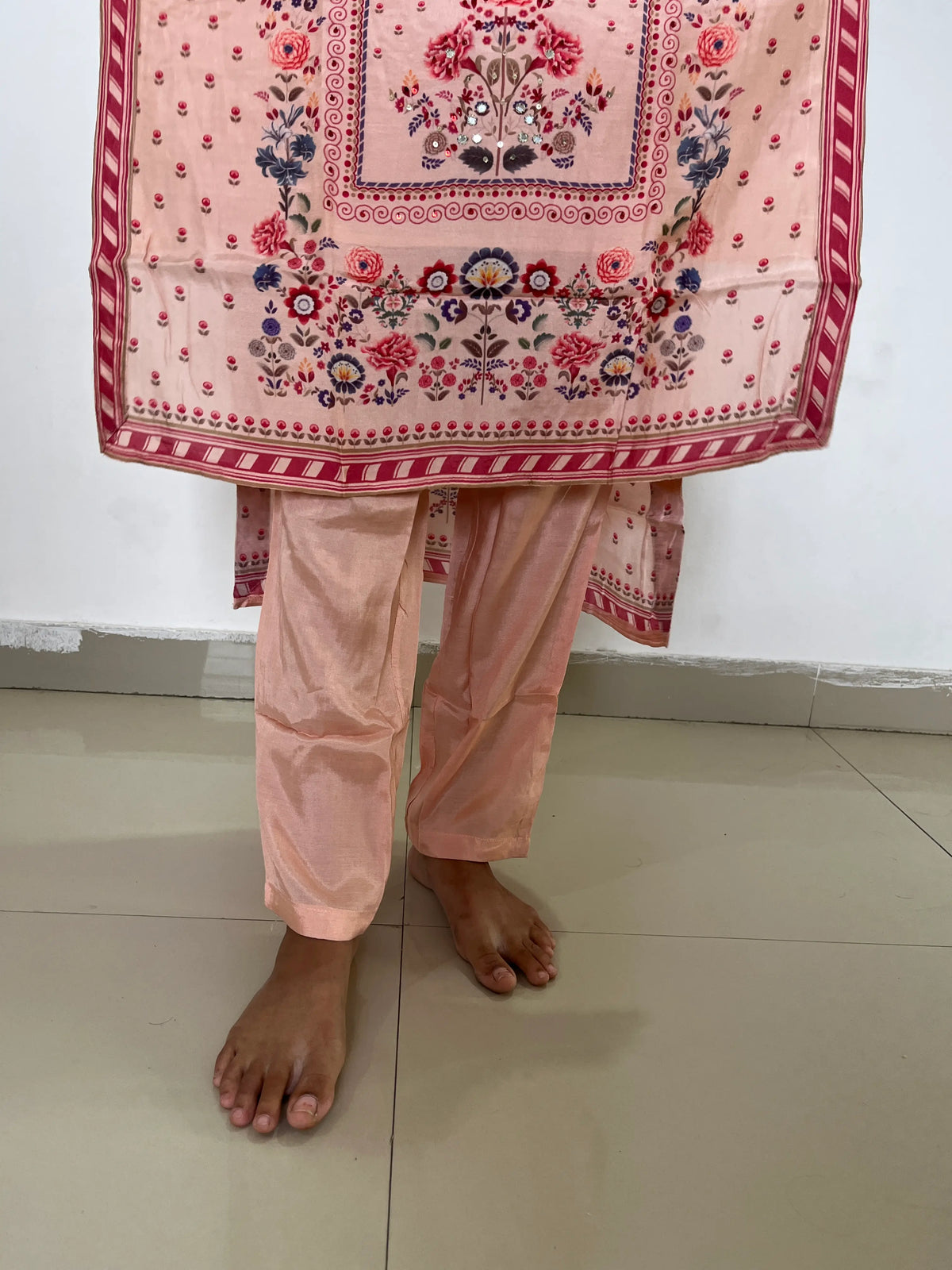 peach color silk digital print kurta set