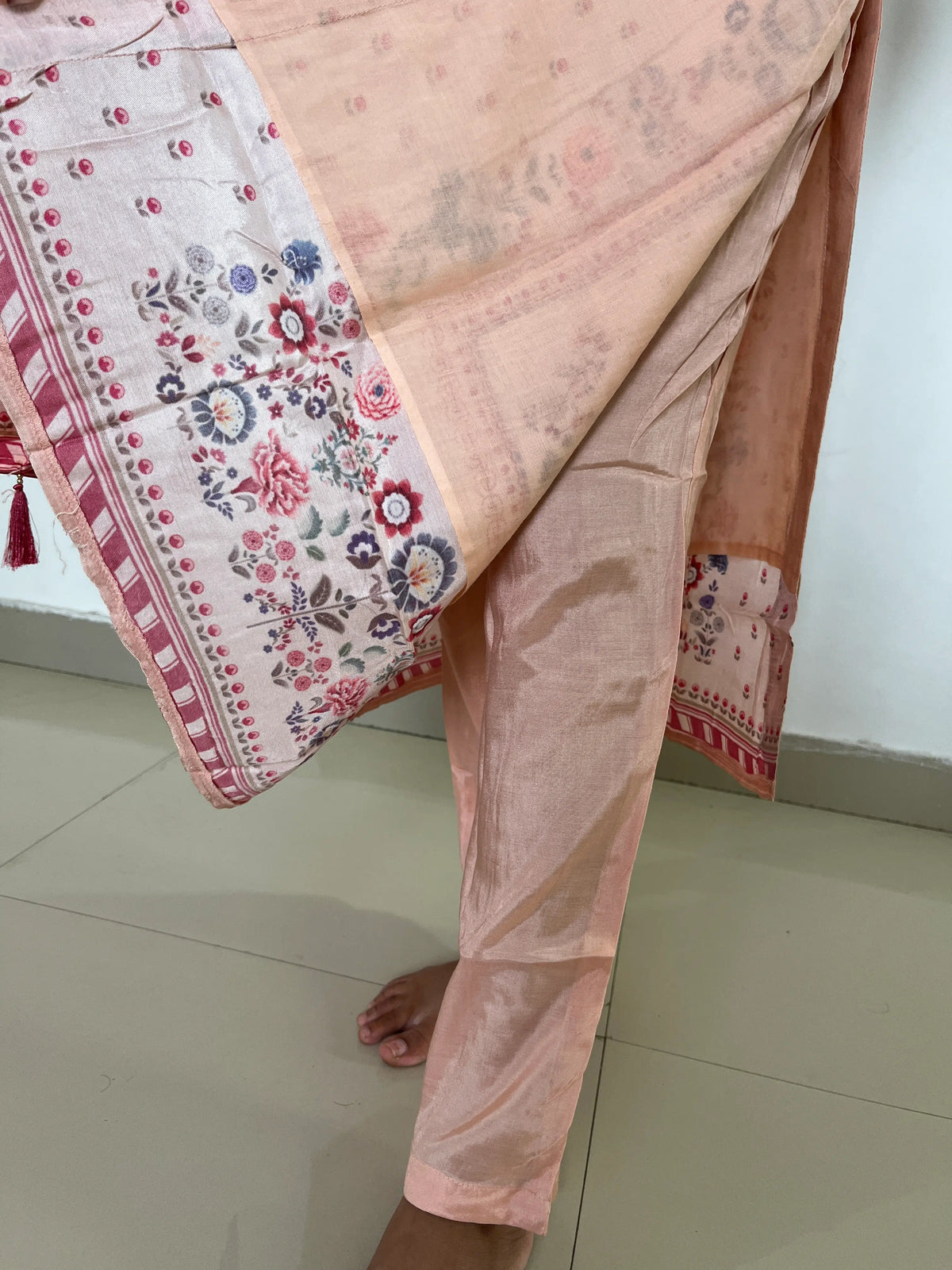peach color silk digital print kurta set