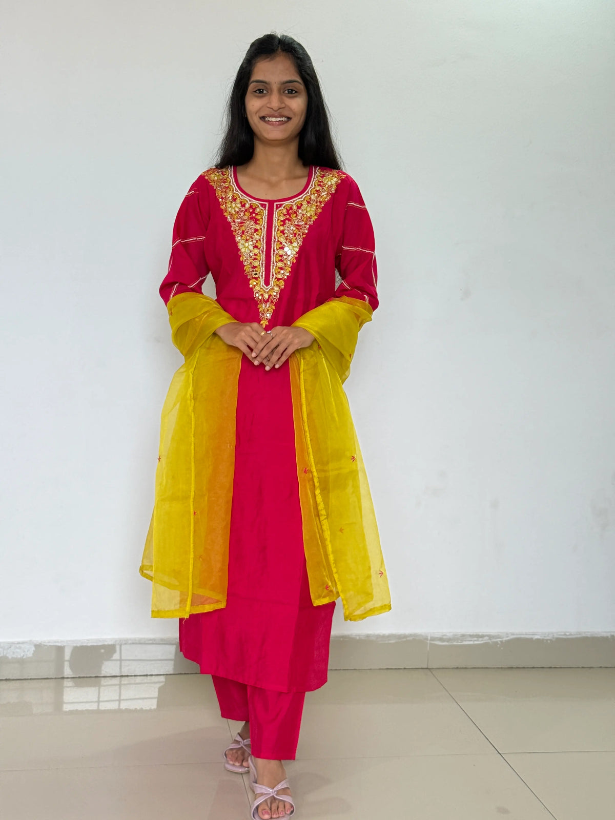 pink color straight kurta set with beautiful embroidery work