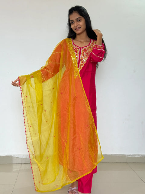 pink color straight kurta set with beautiful embroidery work