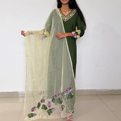 Green color straight kurta set with beautiful organza dupatta