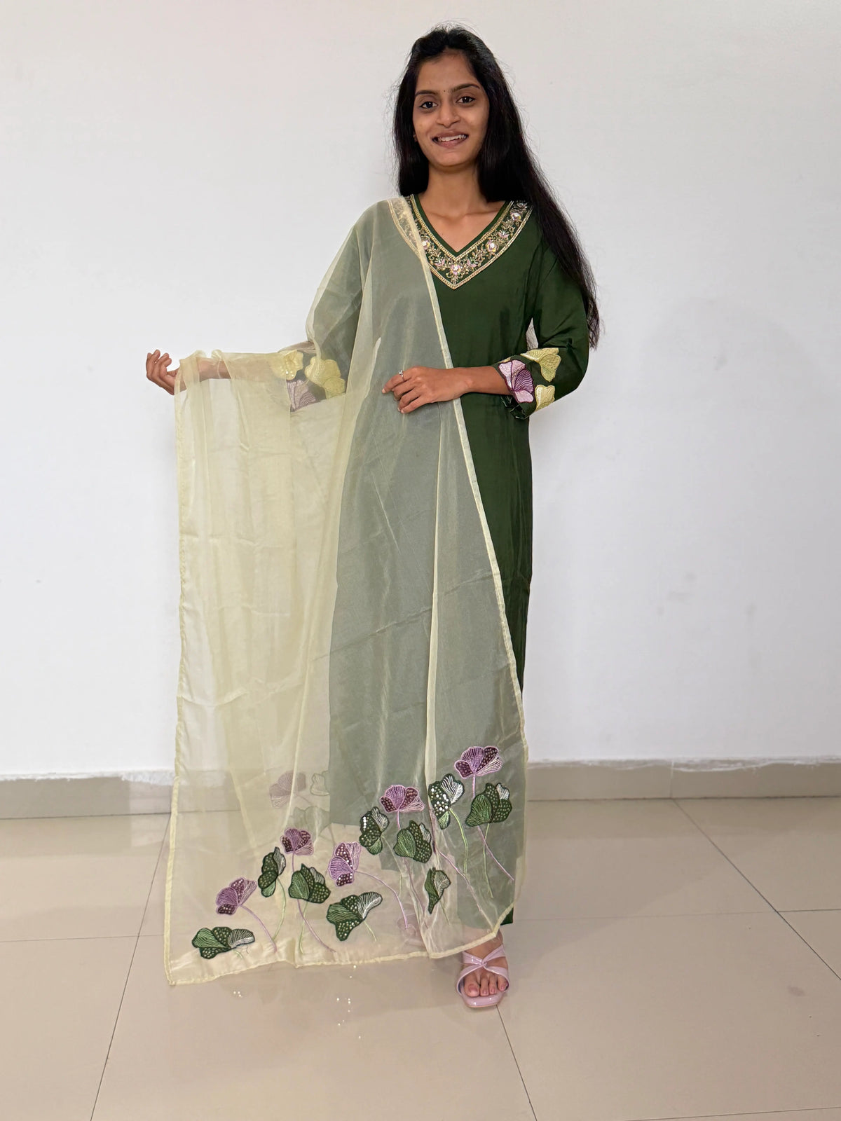 Green color straight kurta set with beautiful organza dupatta