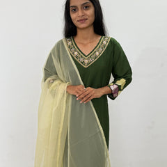 Green color straight kurta set with beautiful organza dupatta