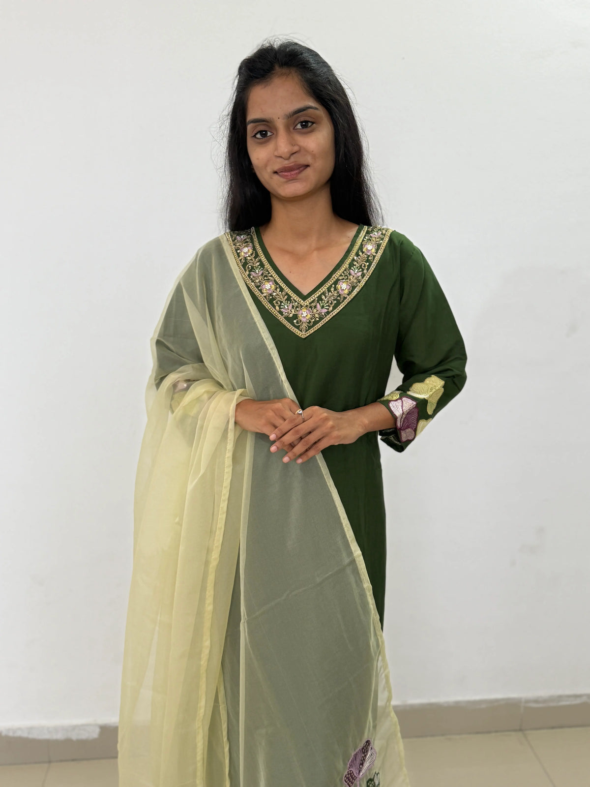 Green color straight kurta set with beautiful organza dupatta