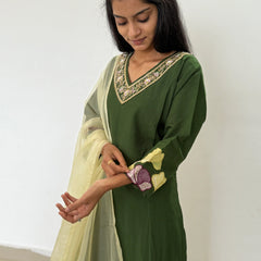 Green color straight kurta set with beautiful organza dupatta