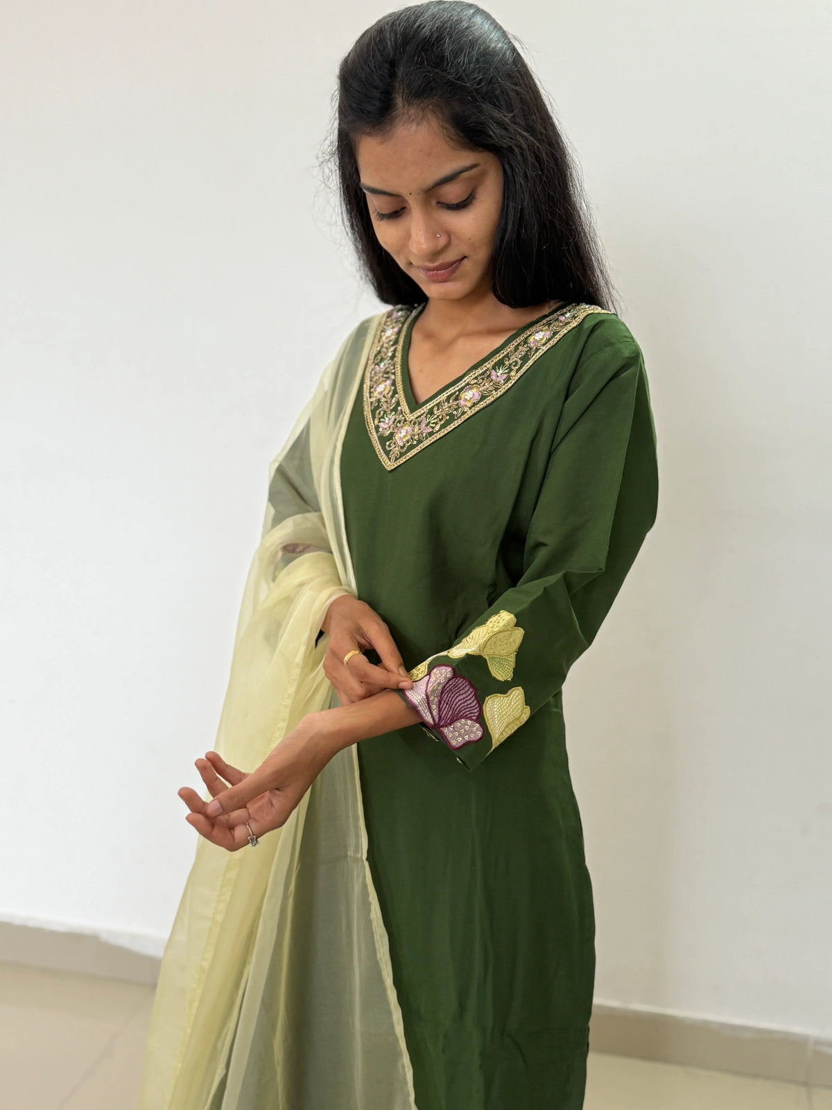 Green color straight kurta set with beautiful organza dupatta