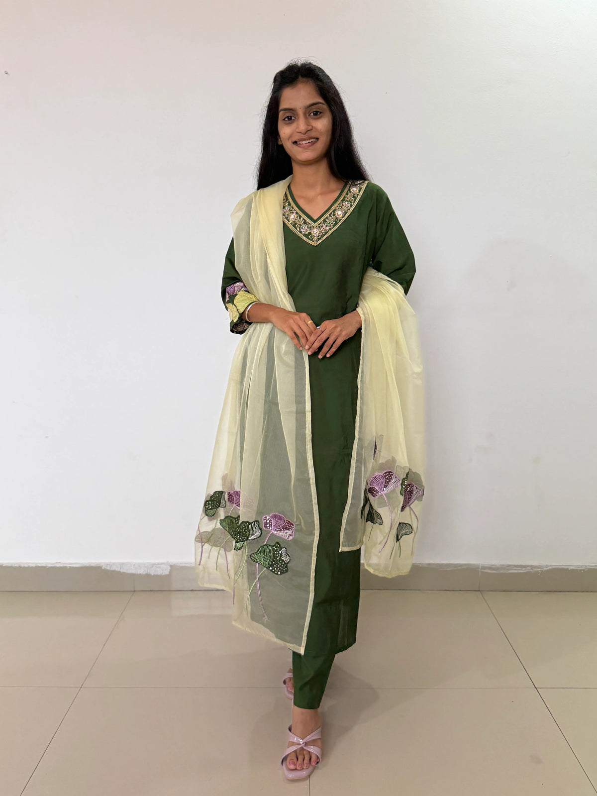 Green color straight kurta set with beautiful organza dupatta