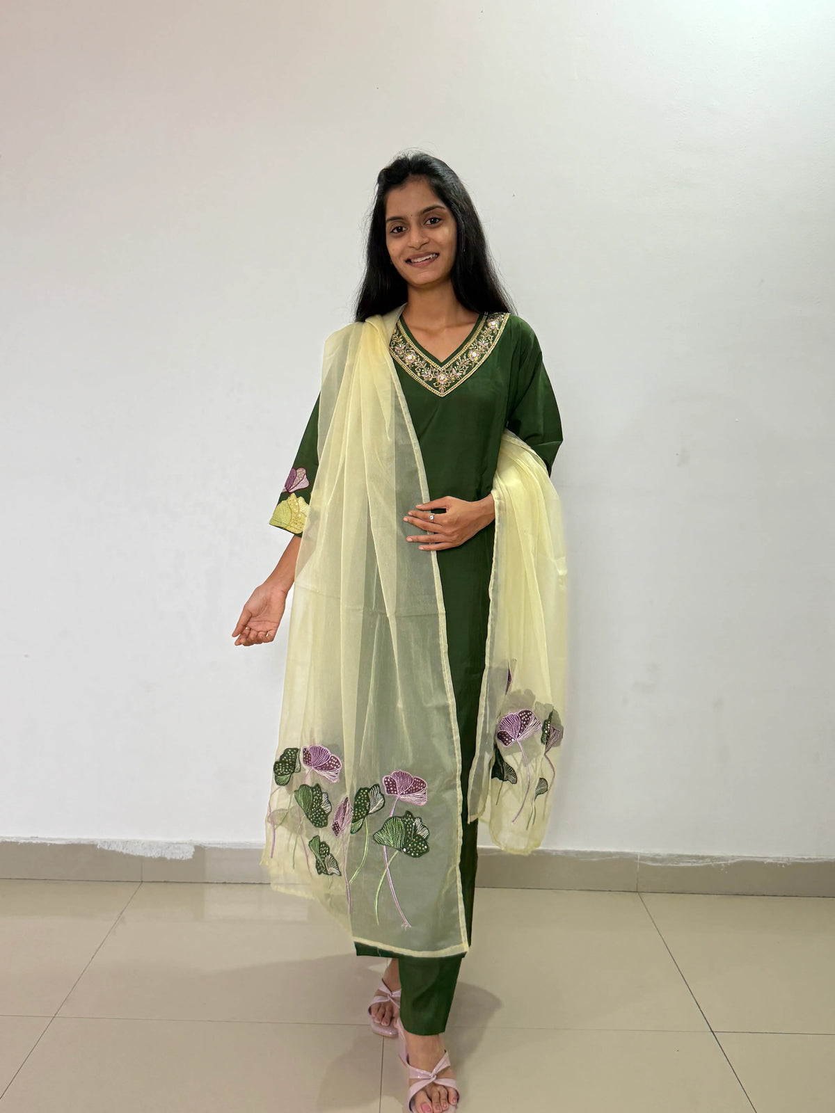 Green color straight kurta set with beautiful organza dupatta
