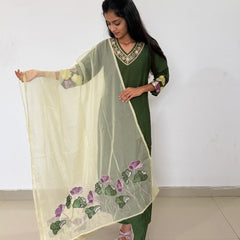 Green color straight kurta set with beautiful organza dupatta