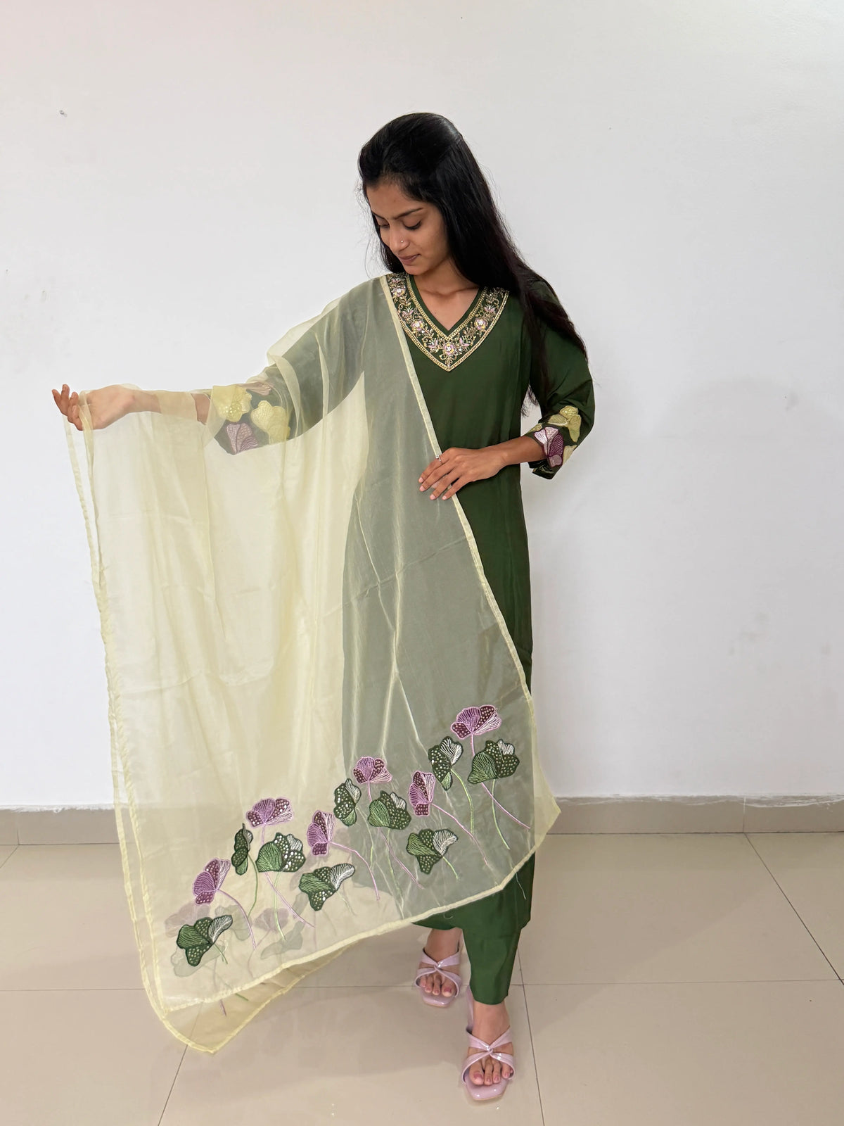 Green color straight kurta set with beautiful organza dupatta