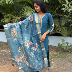 muslin silk straight kurta set with embroidery work