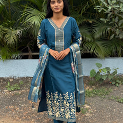 muslin silk straight kurta set with embroidery work