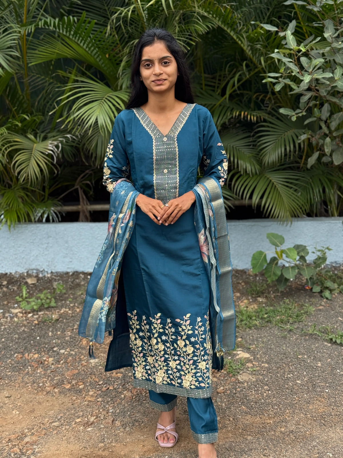 muslin silk straight kurta set with embroidery work