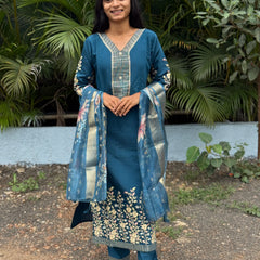 muslin silk straight kurta set with embroidery work