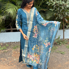 muslin silk straight kurta set with embroidery work