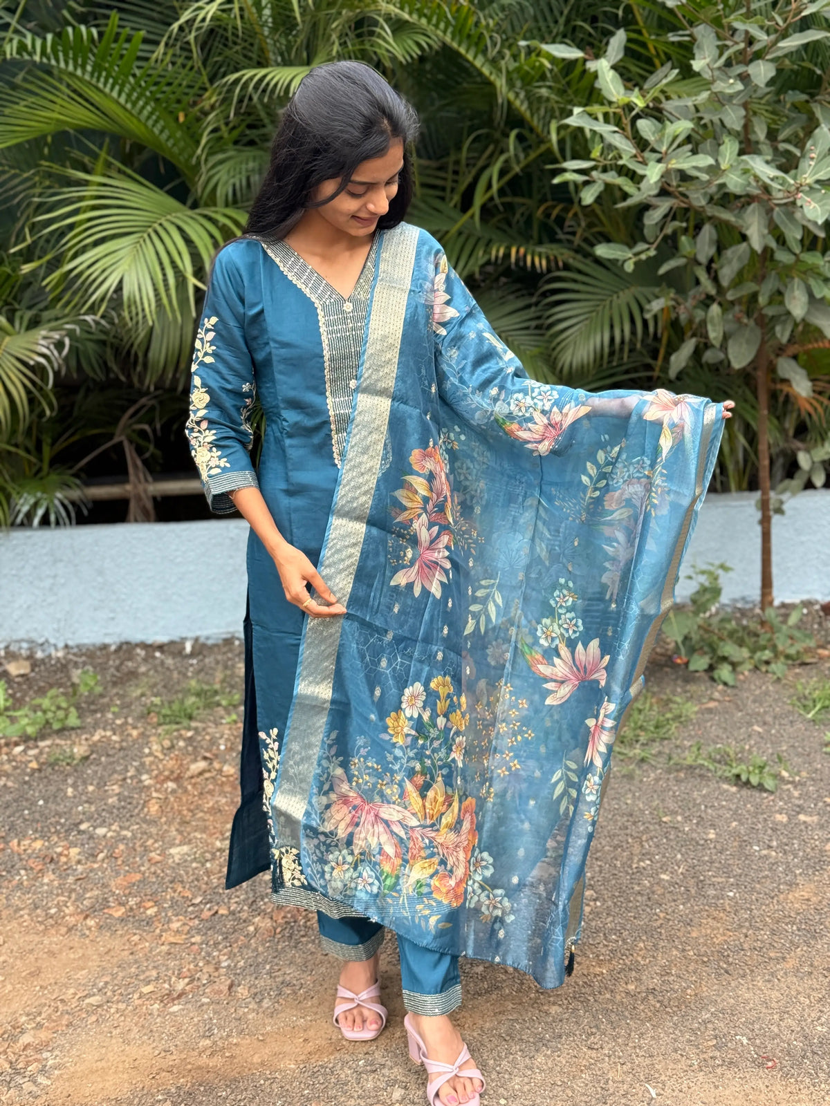 muslin silk straight kurta set with embroidery work