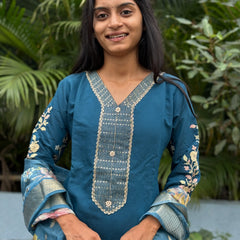 muslin silk straight kurta set with embroidery work