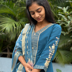 muslin silk straight kurta set with embroidery work