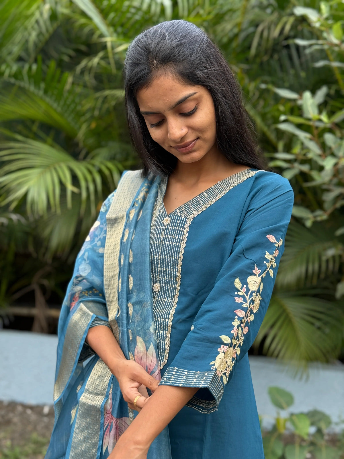 muslin silk straight kurta set with embroidery work