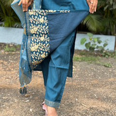 muslin silk straight kurta set with embroidery work