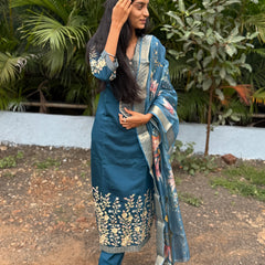 muslin silk straight kurta set with embroidery work