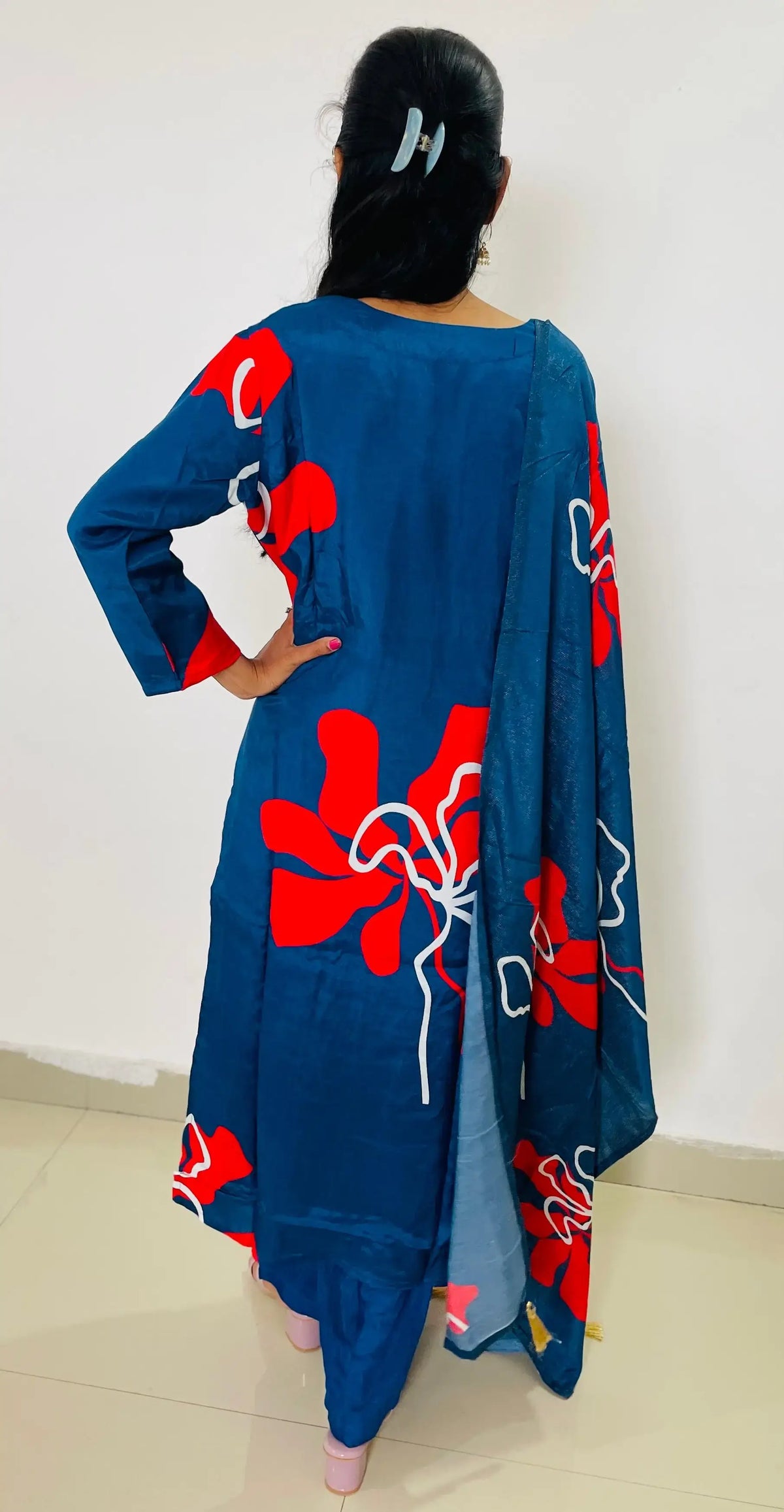 Blue color Silk Digital print  Straight suit set with digital Print dupatta