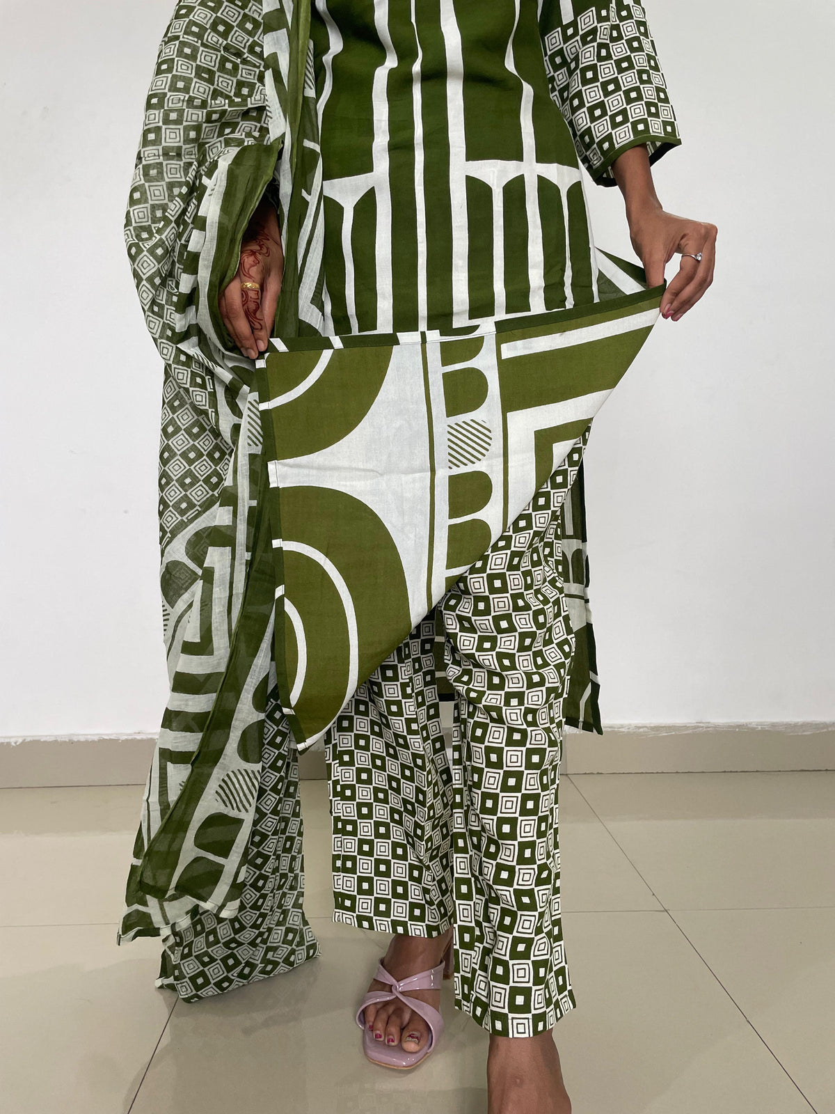 Green color digital print A-line kurta set