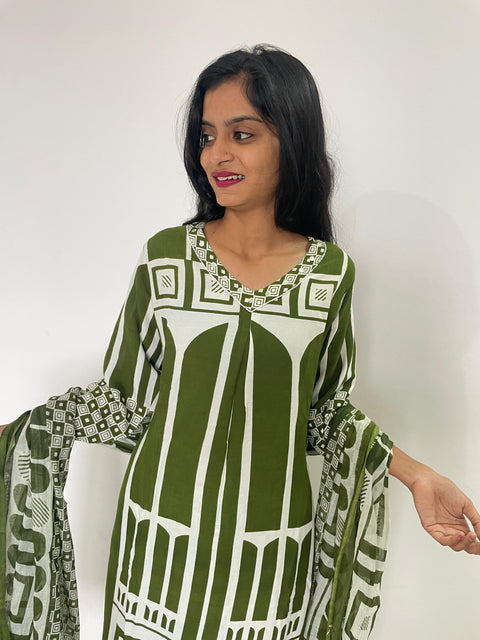 Green color digital print A-line kurta set