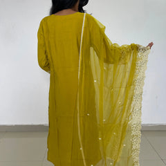 yellow color beautiful embroidery work straight kurta set