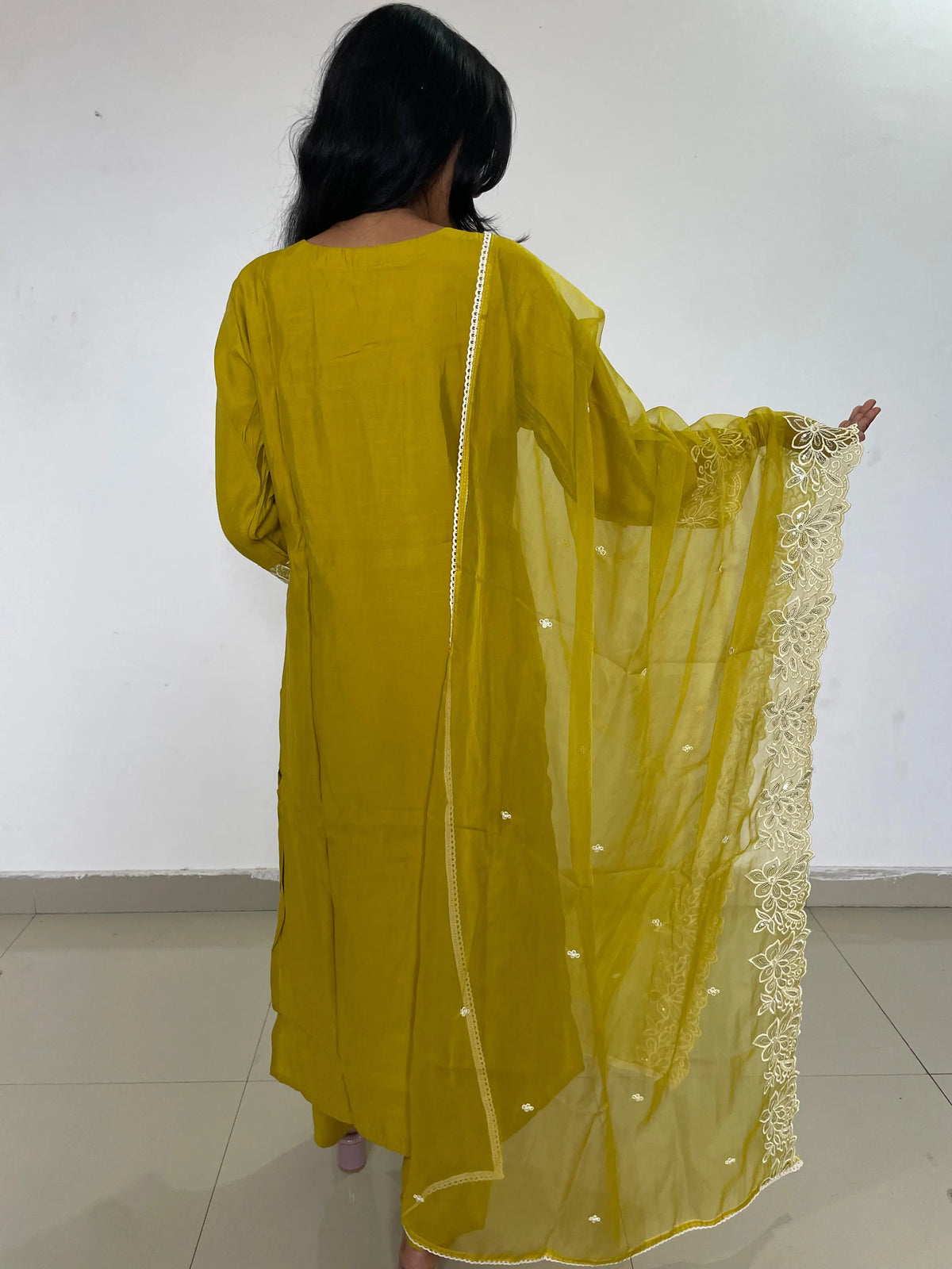 yellow color beautiful embroidery work straight kurta set