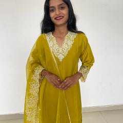 yellow color beautiful embroidery work straight kurta set