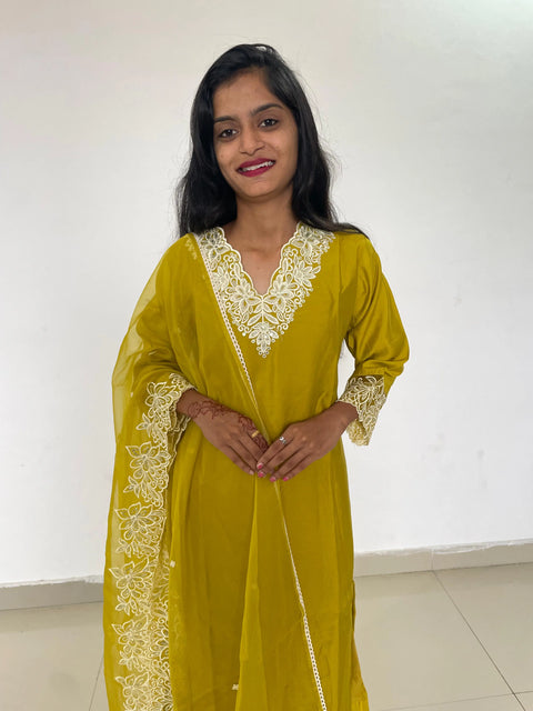 yellow color beautiful embroidery work straight kurta set