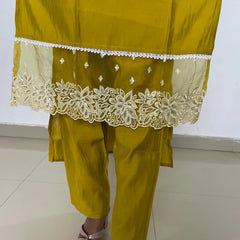 yellow color beautiful embroidery work straight kurta set