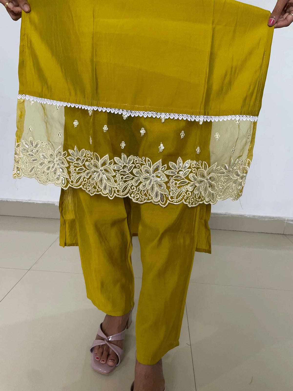 yellow color beautiful embroidery work straight kurta set