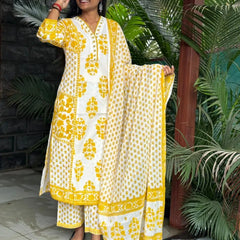 premium cotton with print straight kurta set (White and yellow color}