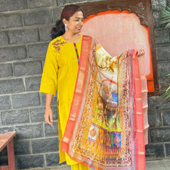 Muslin silk with embroidery straight kurta set with digital print dupatta