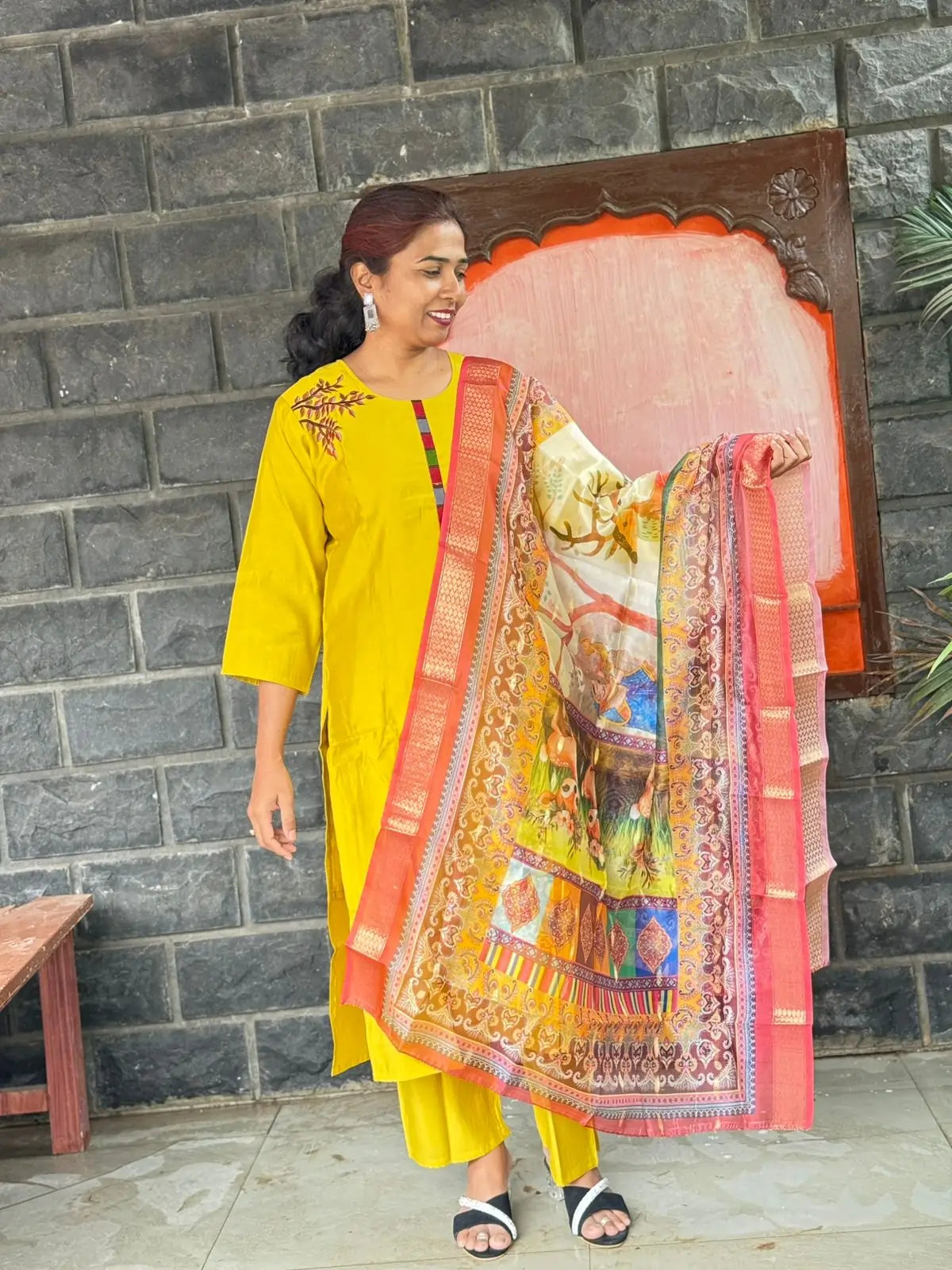 Muslin silk with embroidery straight kurta set with digital print dupatta