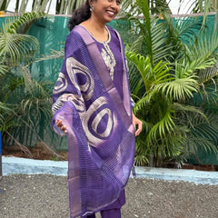 Purple color muslin silk straight kurta set with embroidery work