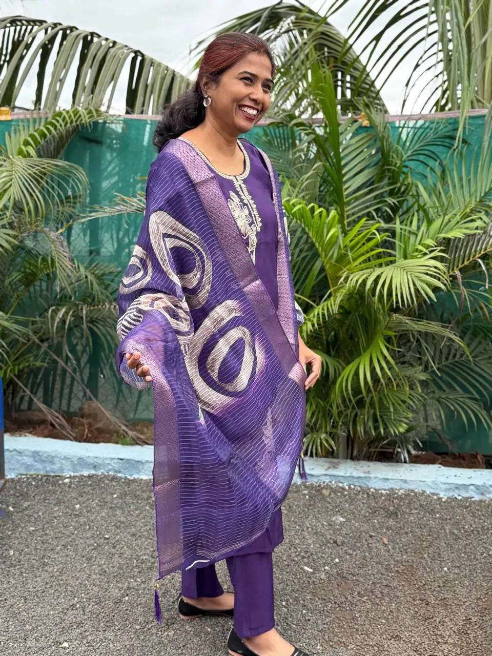 Purple color muslin silk straight kurta set with embroidery work