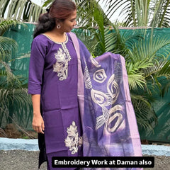 Purple color muslin silk straight kurta set with embroidery work