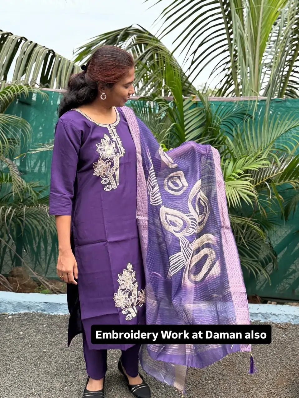 Purple color muslin silk straight kurta set with embroidery work