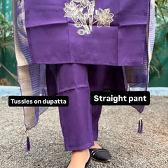 Purple color muslin silk straight kurta set with embroidery work