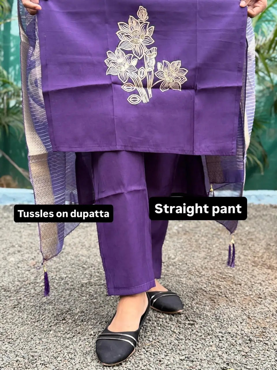 Purple color muslin silk straight kurta set with embroidery work